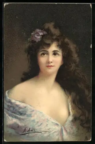 Künstler-AK Angelo Asti: Hübsche junge Dame mit Blumen im Haar und hellblauem Kleid