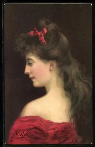 Künstler-AK Angelo Asti: Frau in rotem Kleid mit freier Schulter und Schleife im Haar