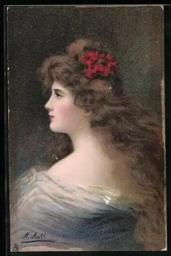 Künstler-Lithographie Angelo Asti: Mädchen mit roten Blumen im Haar