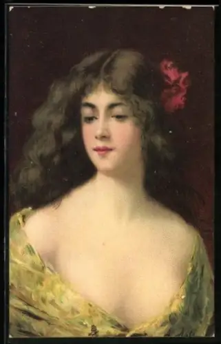 Künstler-AK Angelo Asti: Hübsche junge Dame mit Blume im Haar und hellgrünem Kleid