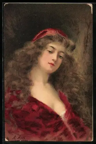 Künstler-AK Angelo Asti: Frau mit wallendem Haar in rubinroter Robe