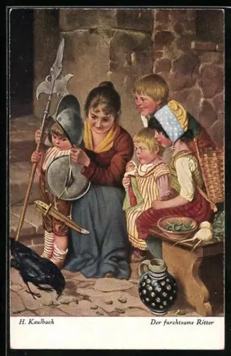 Künstler-AK Hermann Kaulbach: Kleiner Junge als Ritter verkleidet mit Mutter und Geschwistern blicken auf einen Raben