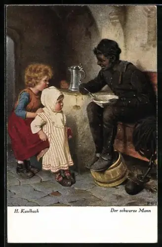 Künstler-AK Hermann Kaulbach: Der schwarze Mann, Schornsteinfeger mit Suppenteller und Kinder