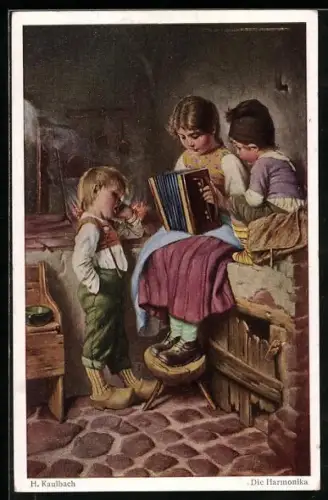 Künstler-AK Hermann Kaulbach: Mädchen spielt für ihre Freunde auf der Ziehharmonika