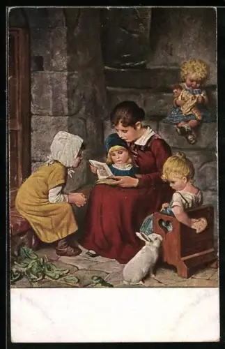 Künstler-AK Hermann Kaulbach: Mutter liest ihren Kindern aus einem neuen Bilderbuch vor