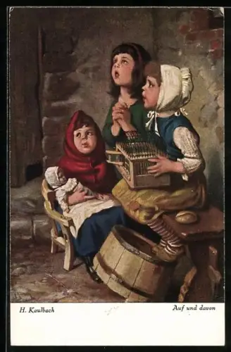 Künstler-AK Hermann Kaulbach: Auf und davon, Kinder lassen Vogel aus seinem Käfig