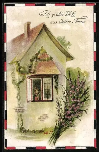 Künstler-AK Haus mit offenem Fenster, Geburtstagskarte