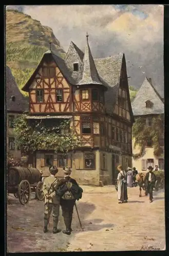 Künstler-AK H. Hoffmann: Bacharach, Das alte Haus, Wanderer