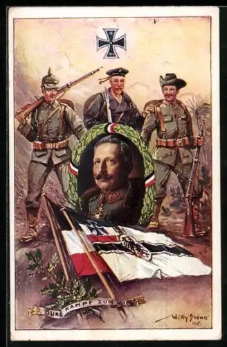 Künstler-AK Stoewer: Durch Kampf zum Sieg, Kaiser Wilhelm II., Matrose, Feldgrauer, Südwester, Reichskriegsfahne