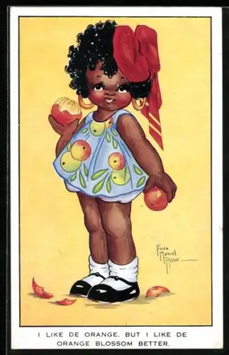 Künstler-AK sign. Freda Mabel Rose: Kleines Mädchen mit vielen Orangen in Händen