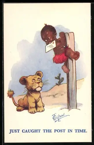 Künstler-AK T. Gilson: Just caught on the post in time