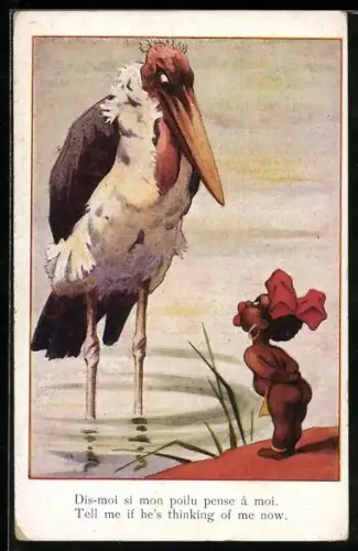 AK Afrikanisches Mädchen trifft Marabu am Wasser