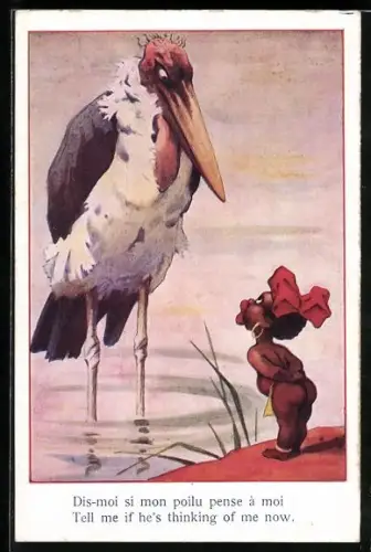 AK Afrikanisches Mädchen trifft Marabu am Wasser