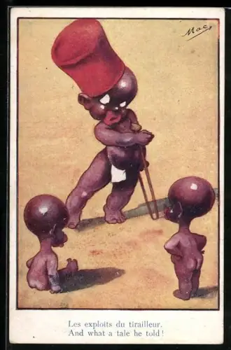 Künstler-AK sign. Mac: Kleiner Afrikaner erzählt Heldengeschichten