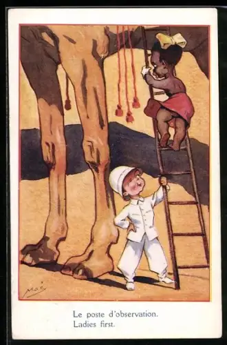 Künstler-AK sign. Mac: Mädchen klettert mit Leiter auf ein Kamel