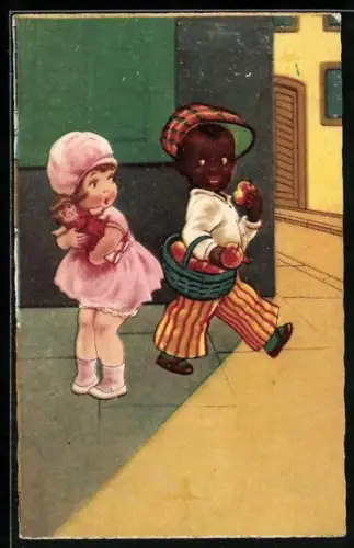 AK Schwarzer Junge lächelt das Mädchen an und beisst in einen Apfel