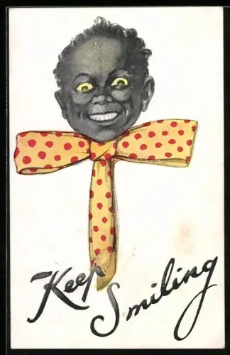 AK Karikatur eines afrikanischen Jungen mit Schleife und gelben Augen, Keep Smiling