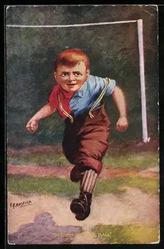 Künstler-AK Fussball, Junge rennt voller Eifer aus dem Tor, A Dash for the Ball