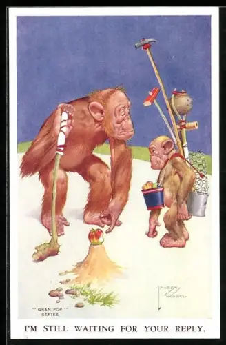 Künstler-AK Lawson Wood: I`m still waiting for your Reply, Affen spielen Golf mit Apfel