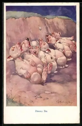 Künstler-AK George Ernest Studdy: Bonzo, Hundewelpen schlafen im Graben eines Golfplatzes