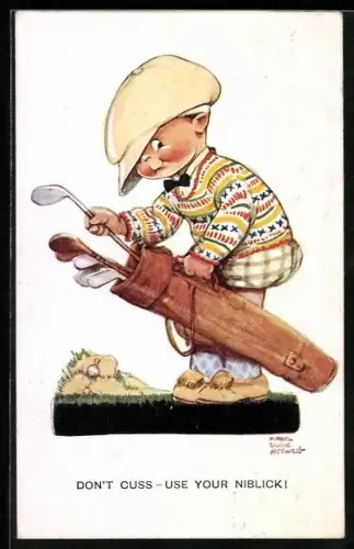 Künstler-AK Mabel Lucie Attwell: Kleiner Junge mit Golfschlägern