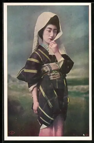 AK Japanerin mit weissem Kopftuch