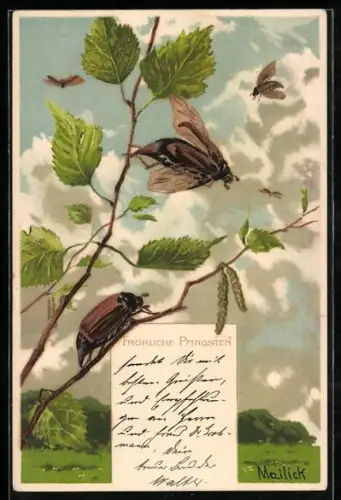 Künstler-AK Alfred Mailick: Maikäfer an Zweigen, Pfingstgruss