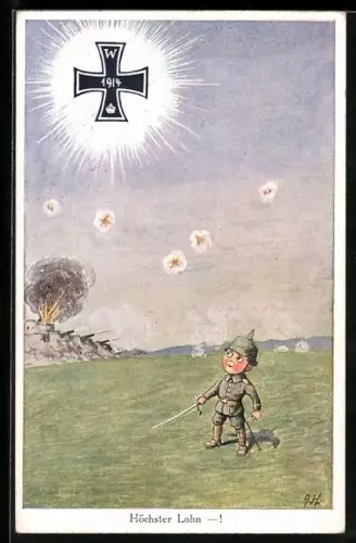 Künstler-AK Ad. Hoffmann: Kindsoldat mit Pickelhaube schaut ein schwarzes Kreuz an, Kinder Kriegspropaganda