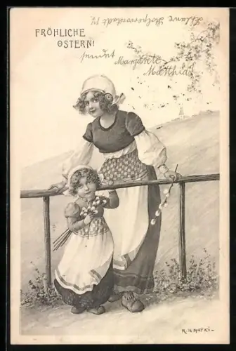 Künstler-AK R. Kratky: Fröhliche Ostern!, Mädchen mit Weidenkätzchen