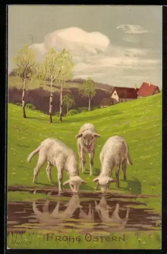Künstler-AK Alfred Mailick: Landschaft mit drei Lämmern am Teich