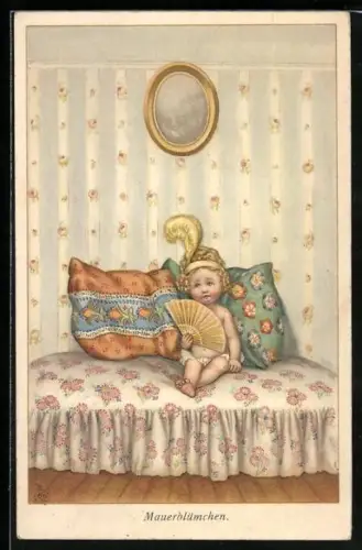 Künstler-AK Susan Beatrice Pearse: Mauerblümchen sitzt mit Fächer auf dem Bett