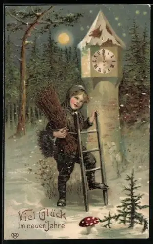 AK Kleiner Schornsteinfeger neben einer Turmuhr im winterlichen Wald, Neujahrsgruss