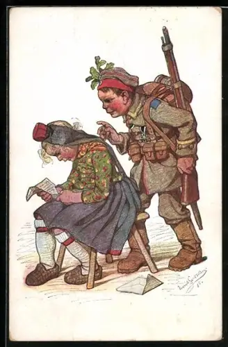 Künstler-AK Emil Beithan: Hessische Trachten, Feldgrauer überrascht seine Braut