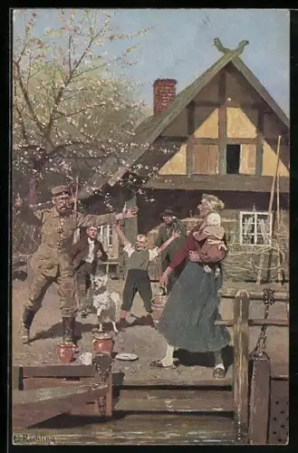Künstler-AK sign. C. Röchling: Heimgekehrter Soldat begrüsst seine Familie, Hund