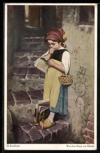 Künstler-AK Hermann Kaulbach: Mädchen vor dem Gang zur Schule