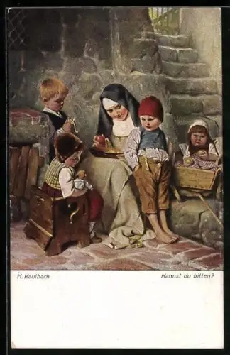 Künstler-AK Hermann Kaulbach: Junge mit gleichgültigem Blick wartet auf das Obst der Nonne