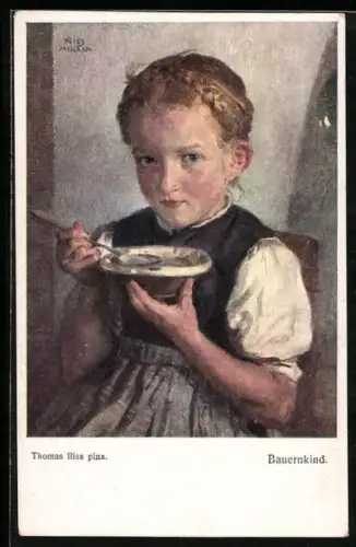 Künstler-AK Thomas Riss: Bauernkind löffelt seine Suppe