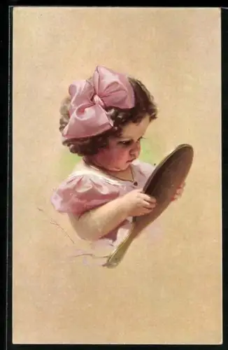 Künstler-AK Ludwig Knoefel: Mädchen mit Haarschleife schaut in den Handspiegel