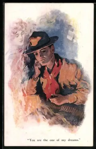 Künstler-AK Tom Peddie: You are the one of my dreams, Soldat träumt von einer Frau