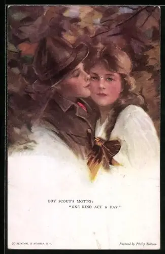 Künstler-AK Philip Boileau: Boy scouts Motto: One Kind act a Day, Junger Mann küsst Mädchen