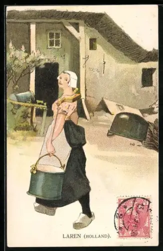 Künstler-AK Laren, Niederländerin in Holzschuhen mit einem Eimer