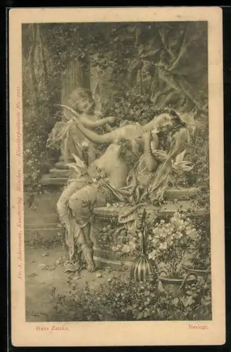 Künstler-AK Hans Zatzka: Besiegt, Amor und Mädchen