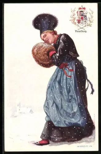 Künstler-AK Adolf Karpellus: Vorarlberg, Frau in Tracht mit Muff im Schnee