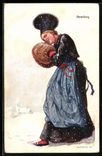 Künstler-AK Adolf Karpellus: Vorarlberg, Frau in Tracht mit Muff im Schnee