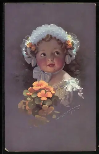 Künstler-AK Ludwig Knoefel: Kleines Mädchen mit weisser Rüschenkappe und Blumen