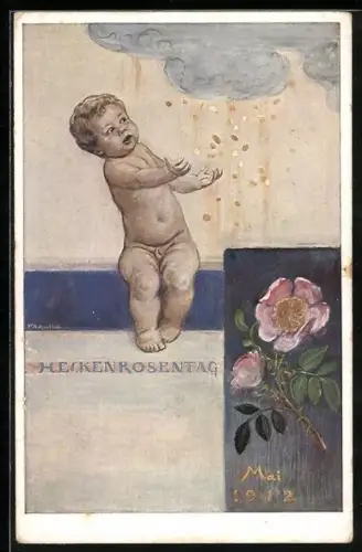 AK München, Heckenrosentag, Mai 1912, Nackter Junge, Geldmünzen fallen aus der Wolke