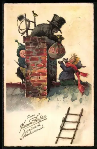 AK Schornsteinfeger holt Sack Geld aus Schornstein, Neujahrskarte