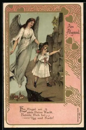 AK Mädchen am Abgrund und schützender Schutzengel