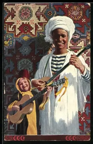 AK München, Ausstellung 1910, Münchner Kindl spielt Gitarre mit Türken, Türkisches Wappen