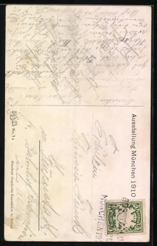 AK München, Ausstellung 1910, Münchner Kindl spielt Gitarre mit Türken, Türkisches Wappen